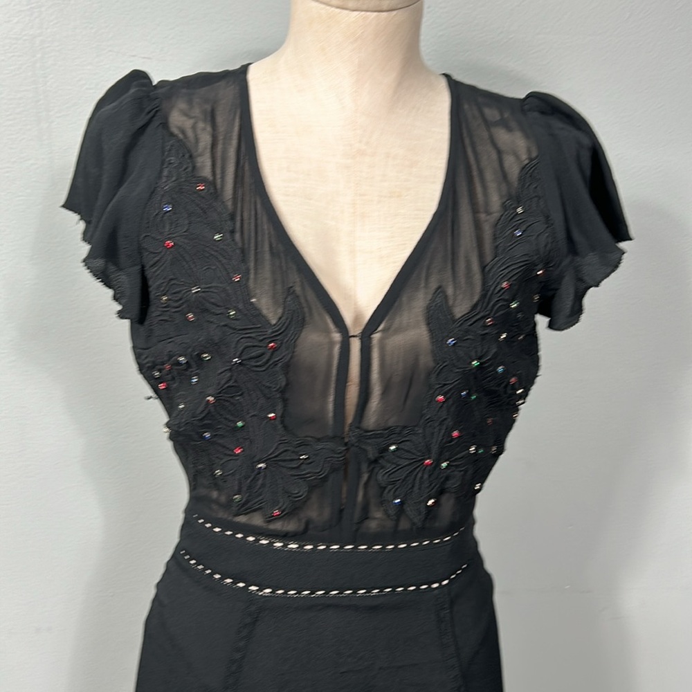 Vintage Cleobella Black Chiffon Open Back Elegant Embroidered Asymmetrical Dress